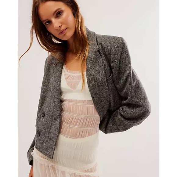 NWT Free People Tailored Heritage Jacket Crop Blazer in Grey Combo